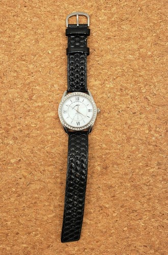 Womens Quartz Watch Black & Silver Fashion Leather Faux Diamonds Japan Movt 9" - Picture 2 of 8