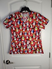 Med Couture 9424 Christmas Scrub Red Top Penguins Holiday V Neck Women's Medium