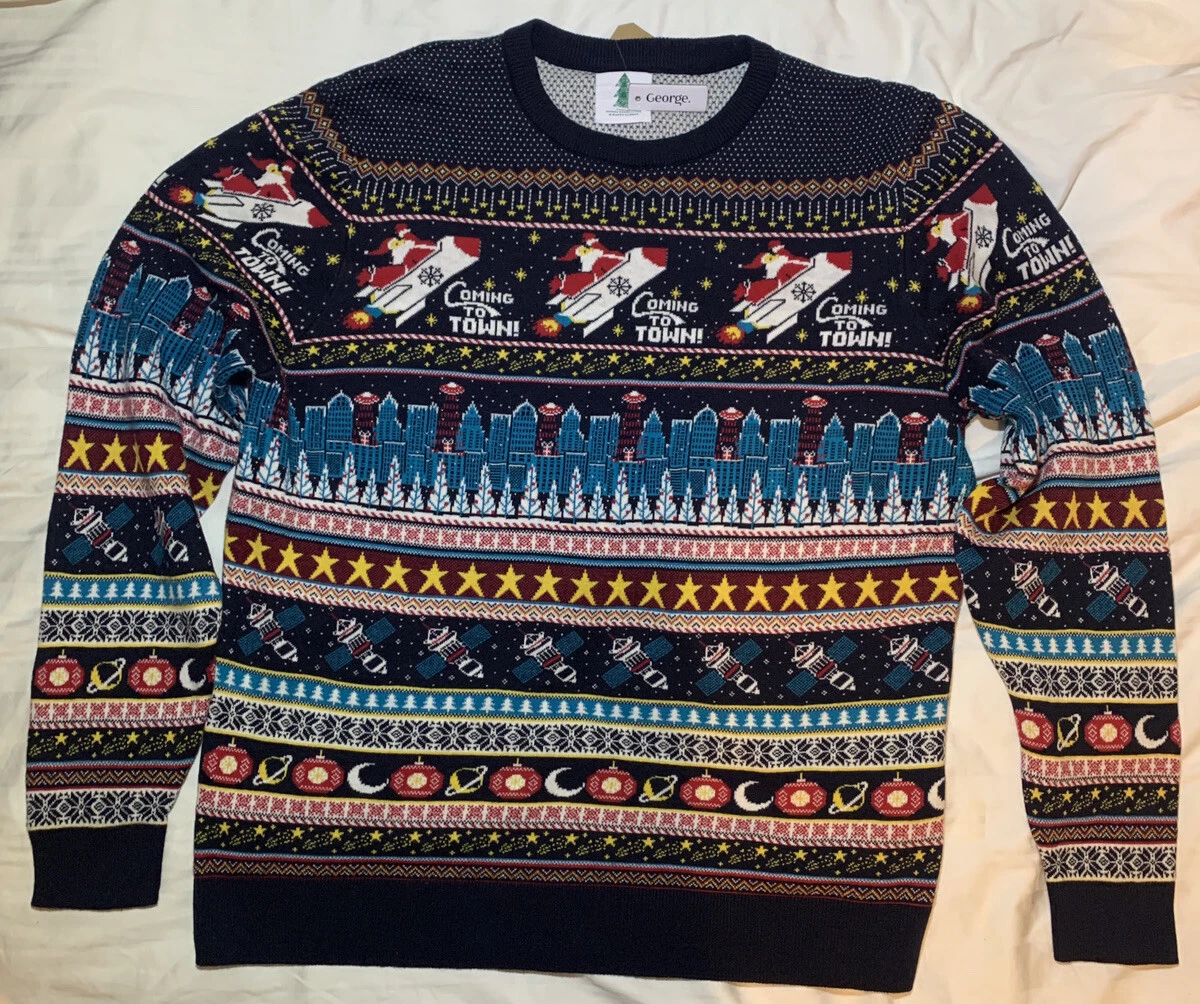 Christmas Jumper Xmas Sweatshirt Cotton Coming To Town Asda George Large L  Mens | eBay