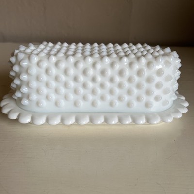 Vintage Fenton Hobnail Milk Glass Covered Butter Dish Opaque White MCM Milkglass