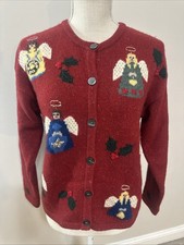 Vintage Talbots Christmas Angel Holiday Cardigan Sweater Brick Red Wool Size MED