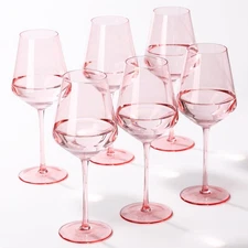 Pink Wine Glasses Set of 6, Handblown Colored Wine Glasse,Pink Coloful Glassw...