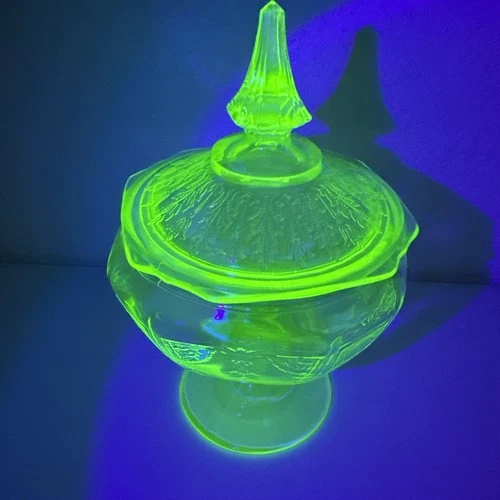 Anchor Hocking Princess Candy Dish Lidded Green Depression Uranium Glass 8-1/2”