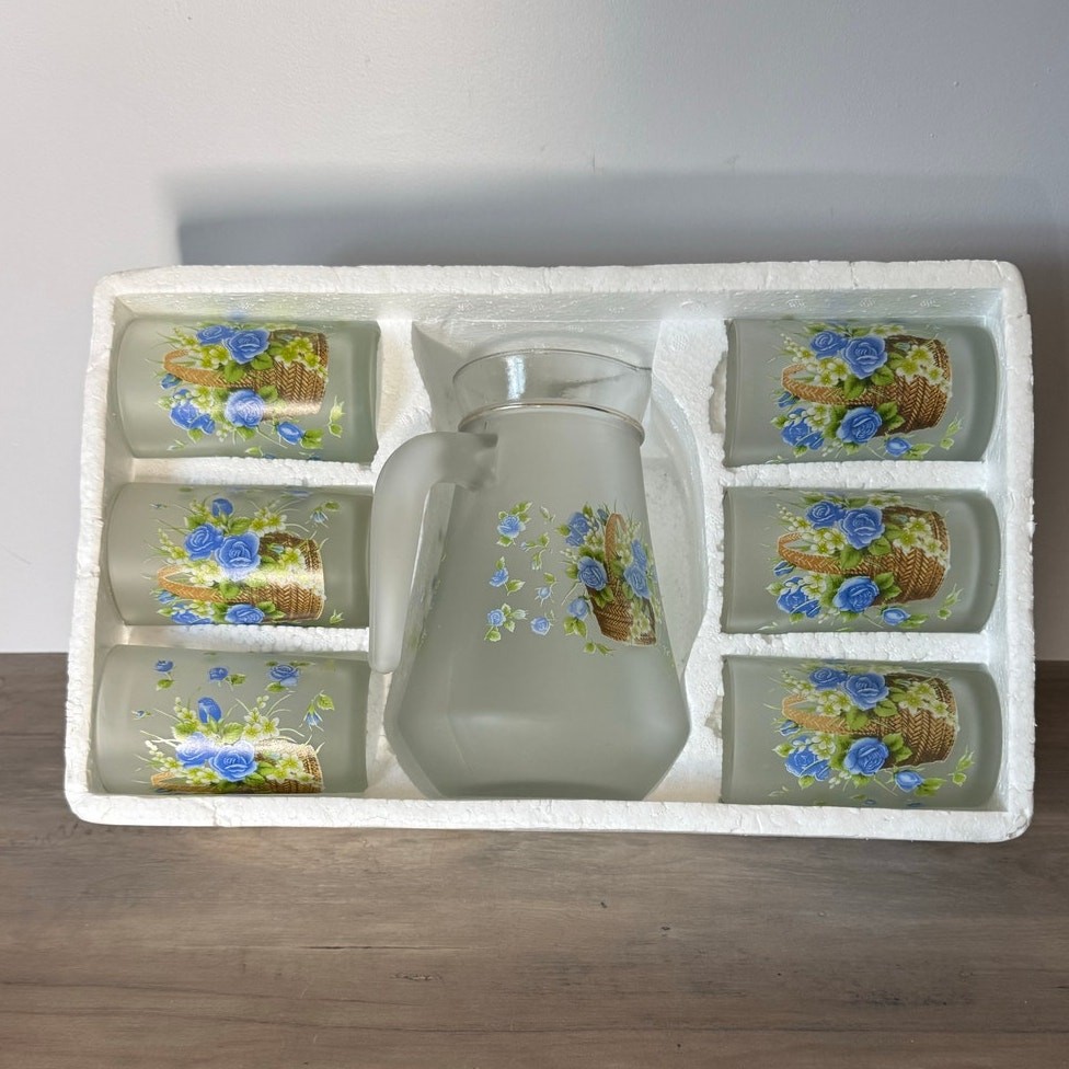 Vintage MCM Brilliant Brand Frosted Pitcher and 6 tumbler set Blue Roses Floral 