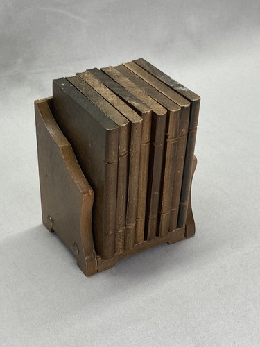 Vintage MCM Wooden Book Volume Cork 8 Coasters Set Home Decor Book Lover Gift