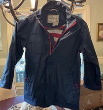 Hatley Rain Jacket Kids 7 Navy Blue Red White Stripe Terry Lined Hooded Coat