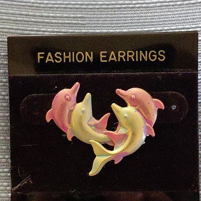 Dolphin Stud Earrings Pink & Yellow metal. Butterfly back. Summery accents. 