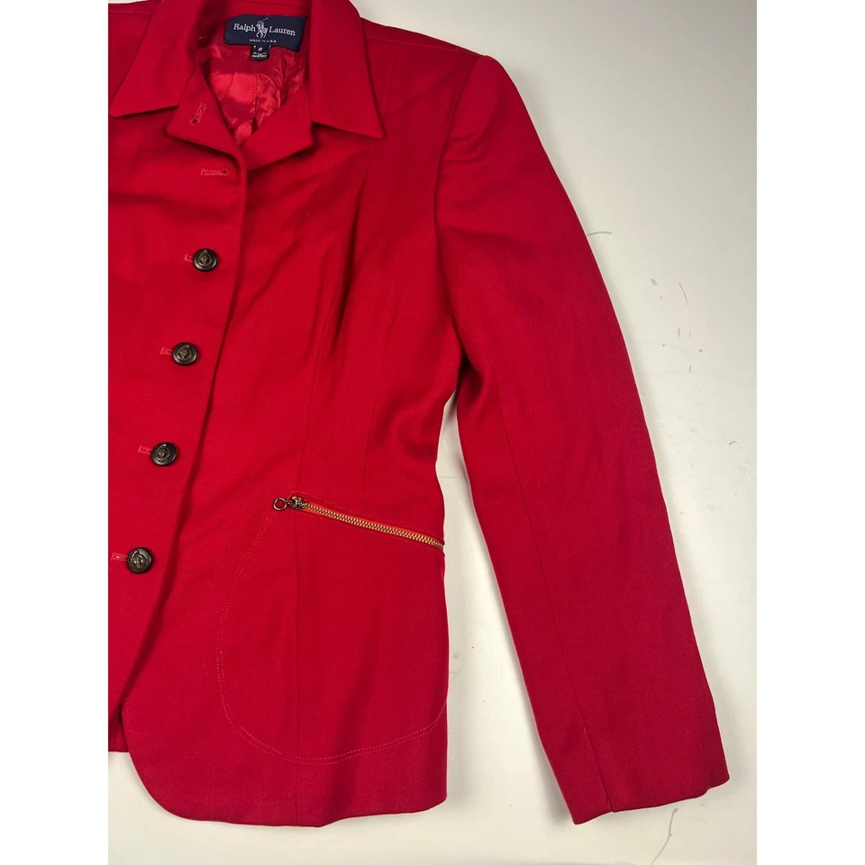 Blazer Ralph Lauren Rojo De Colección Mujer Talla 8 Dorado Bolsillos con Cremallera Clásico A Medida Foto 4 de 4