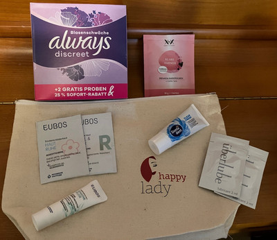 9 x Reise/Probegrößen: Eubos, XbyC, Dontodent, Always,uberlube, Jute-Täschchen