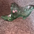 RARE Vintage Fenton Teal Green Hand Painted Floral Glass Shoe Signed S Bryan
