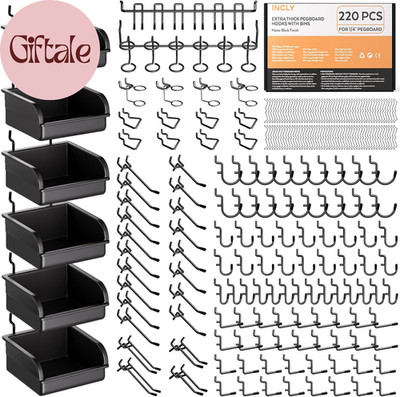 220PCS Extra Thick 1/4'' Pegboard Accessories Organizer Kit, Heavy Duty Black Peg