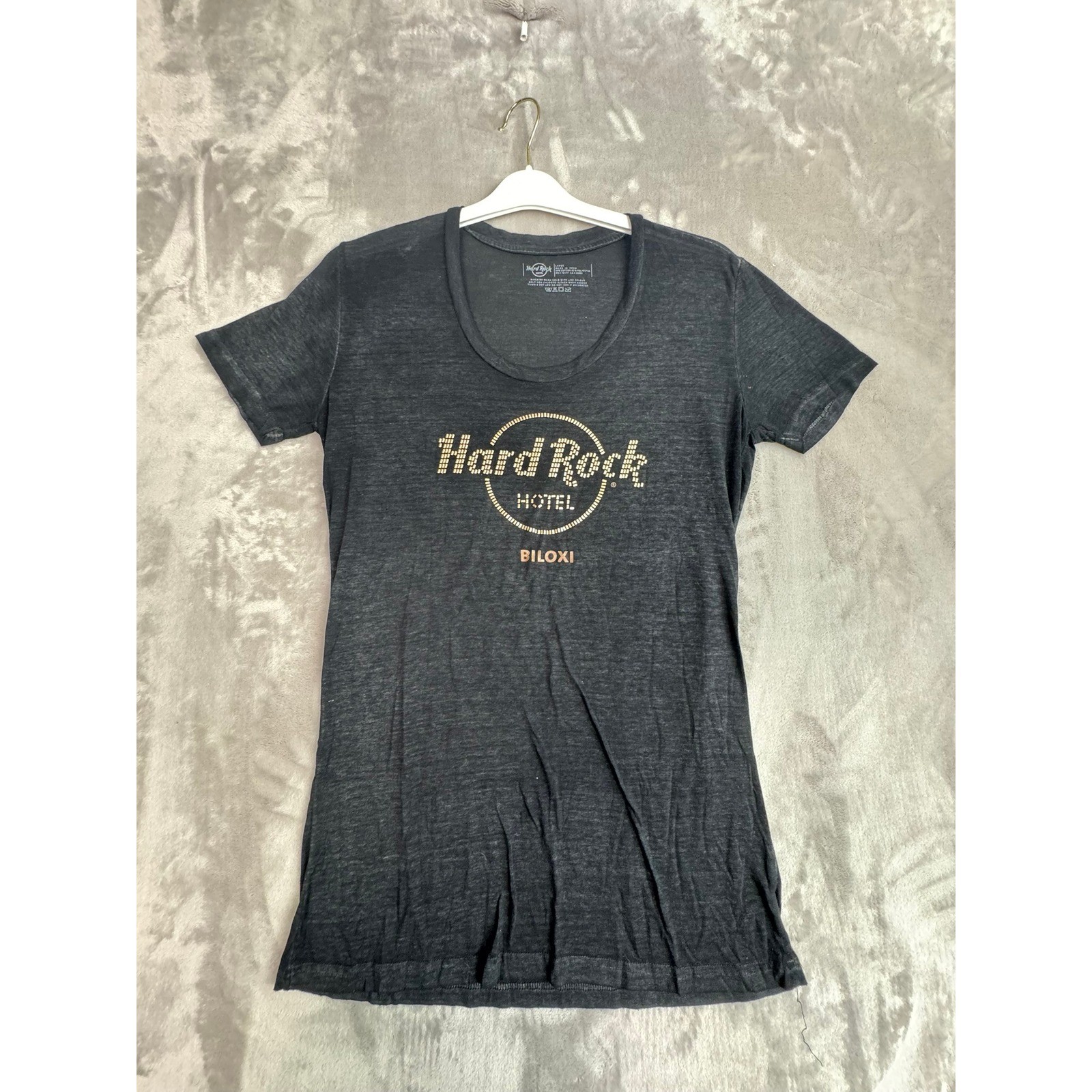 Hard Rock Hotel Biloxi Womens Large Black Rhinestone Logo Graphic Tee T Shirt