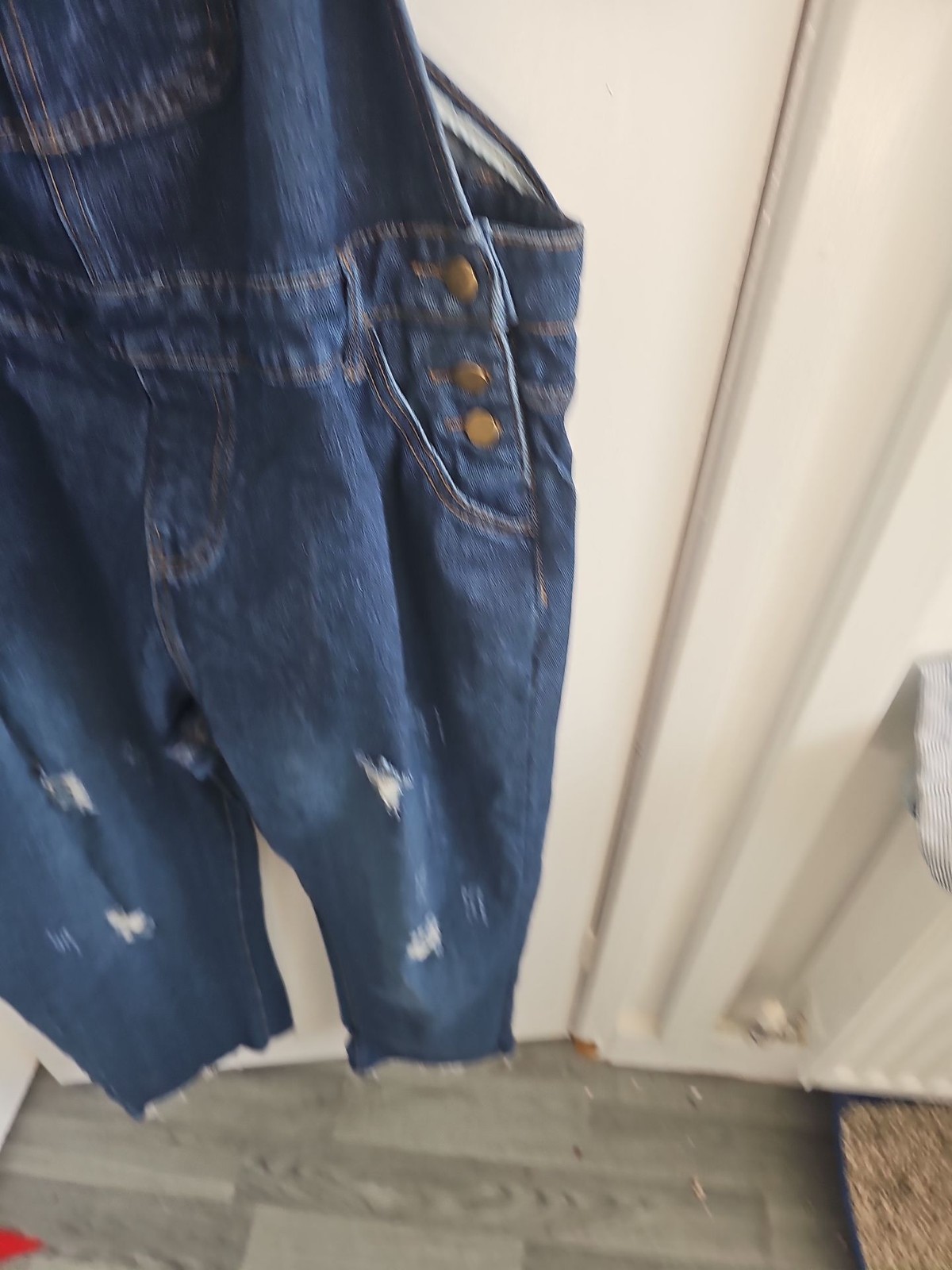 Distressed Dark Wash Denim Overalls with Raw Hem  251 image 3
