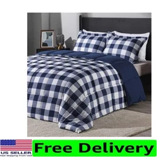 King Size Lightweight Plaid Comforter Set with 2 Pillow Shams - Modern Style
