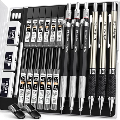 NICPRO Druckbleistifte Set Metall 0,5 0,7 0,9 2mm Fallminenstift 2B HB 2H 12 Dosen Blei