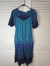 Vintage National Size Large House Dress Mumu Kaftan Teal Blue Floral Vibrant...