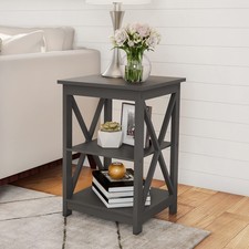 Wooden End Table - Modern Style Sofa Side Table with X-Leg Design and Shelves...