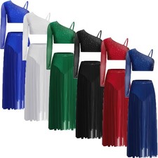 Womens Dancewear Stage Dress Latin Outfit Gymnastic Set Shiny Lyrical Costume