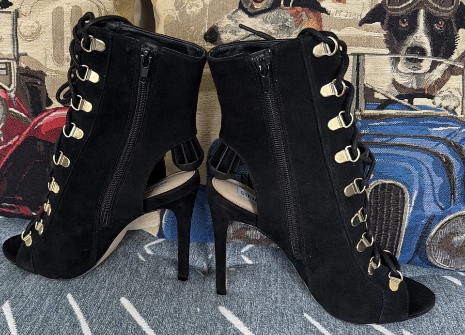 Steve Madden Mujer’s Kennee Negro Gamuza Cuero Con Cordones Talla 7.5 Abierto 4 pulgadas Tacón Foto 4 de 4