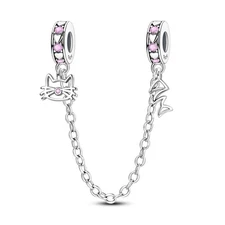MULA 925 Sterling Silver DIY Charm Safety Chain Cats Love Fish for WomenBracelet
