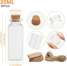 50 Pcs 20ml Mini Glass Bottles with Cork Stoppers, 29x64mm DIY Decoration Tin...
