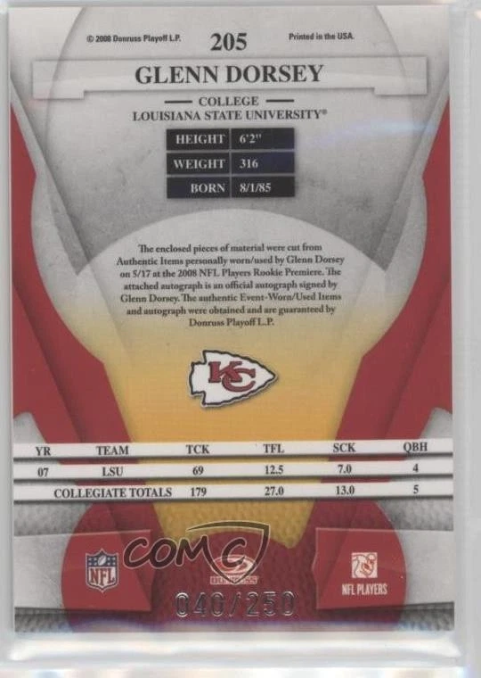 2008 Leaf Certified Materials Mirror Red Signatures Glenn Dorsey Rookie Auto RC - Image 2 of 2