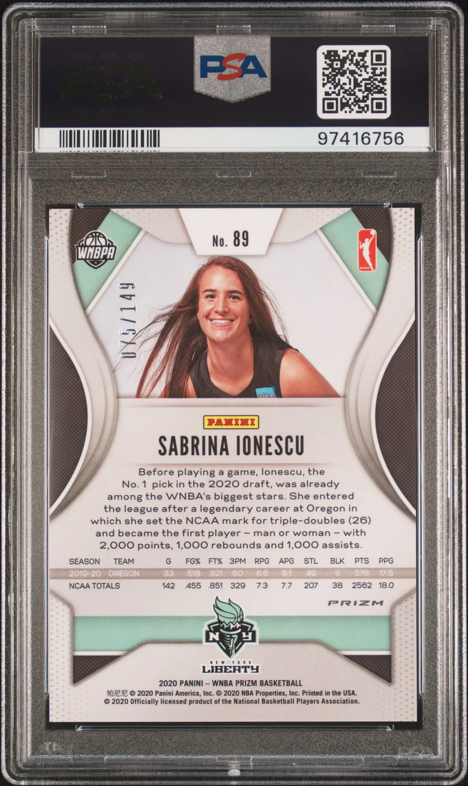 2020 Panini Prizm WNBA Sabrina Ionescu #89 Blue PSA 10 view 2