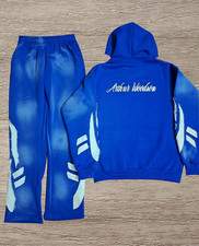 Mens 2pc Distressed Tracksuit Customized Name Print Hoodie Pants Jacket Set