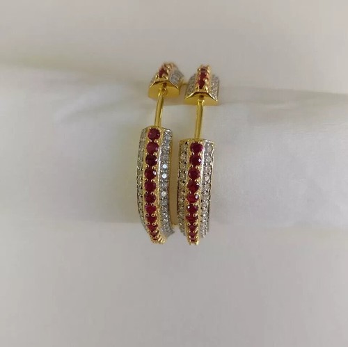 3 Ct Round Cut Created Red Ruby & Diamonds Hoop Earrings 14K Yellow Gold Finish - Picture 4 of 7