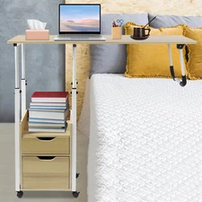 Bedside Table Rollers Height Adjustable Suitable Home Light Wood White