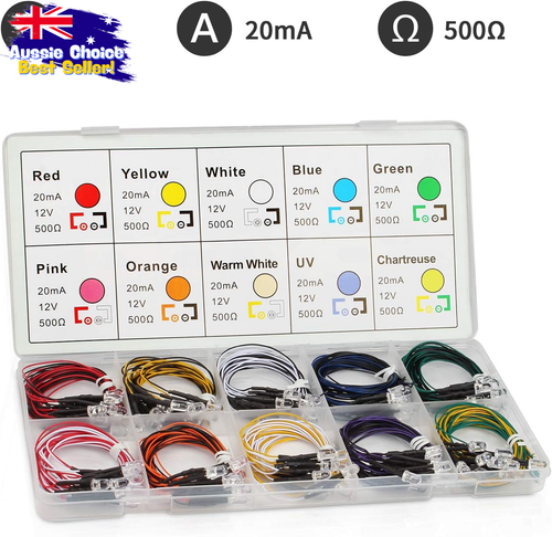 100Pcs 5mm Pre-Wired 12V LED Light Emitting Diodes 10 Color Kit - Picture 5 of 12