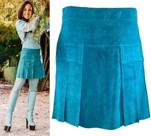 PRADA 2019 Pleated Turquoise Blue Suede Above Knee Short Skirt IT 46 M L