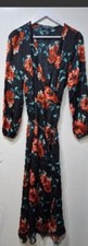 Studio Floral Satin Wrap Maxi Dress Long Sleeve UK12 EU40 Black Red Flowers
