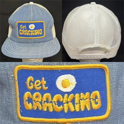 Vtg Get Cracking Mesh Trucker Snapback Hat Egg Farmers Patch Logo Denim Cap
