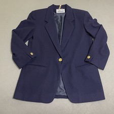Vtg Womens WOOL BLAZER JACKET Gold Accent Buttons Preppy 90s Academic Navy Sz 8