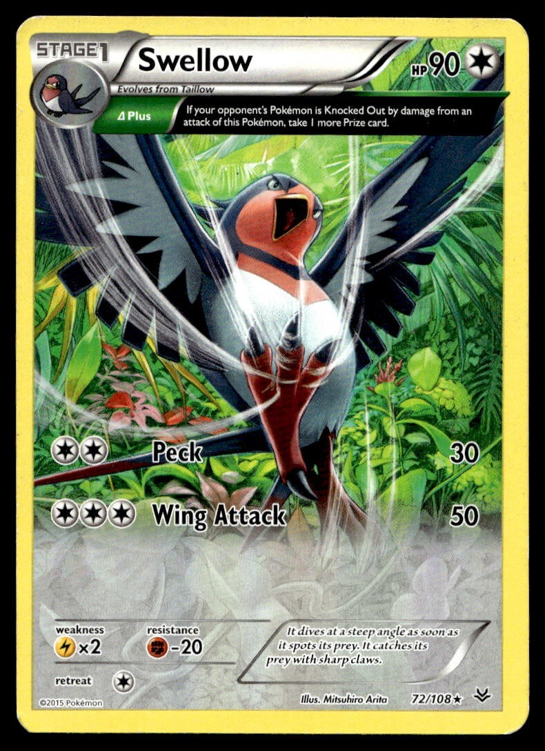 Swellow 72/108 Pokemon Card Roaring Skies Rare 90 HP Near Mint H52