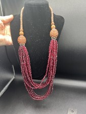 Vintage Necklace Chunky Wood And Glass Beaded Red Multi Strand Statement 30