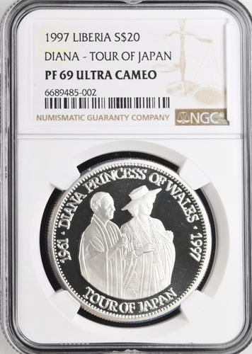 1997 LIBERIA SILVER 20 DOLLARS DIANA - TOUR OF JAPAN - NGC PF 69 ULTRA CAMEO