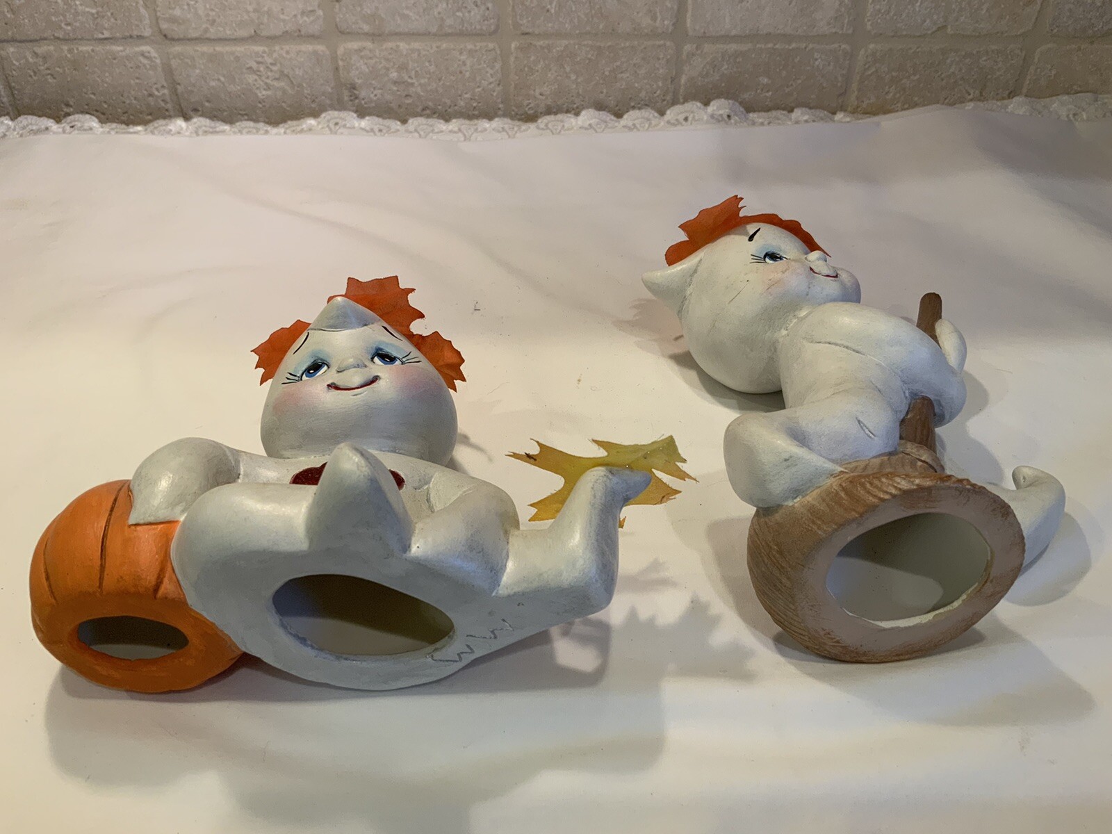 Vintage Ceramic Boo Baby Ghost Figurines Broom Halloween Decor - Pair ...