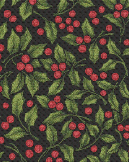 BENARTEX'S AMERICAN FOLK ART STUDIO Fat Quarter My True Love Gave To Me Holly On Black Quilting Fabric