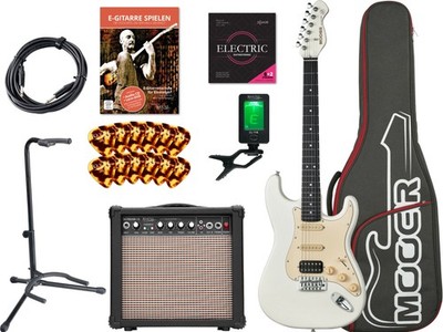 Mooer MSC10 Pro E-Gitarre Vintage White Set Verstärker Gigbag Tuner Ständer Amp
