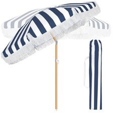 6 ft Outdoor Beach Patio Steering Umbrella with Fringe, Steel Pole, Steel Rib...