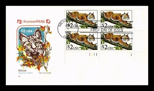 US COVER BOBCAT WILDLIFE $2 FDC PLATE BLOCK SCOTT 2482 HOUSE OF FARNAM CACHET