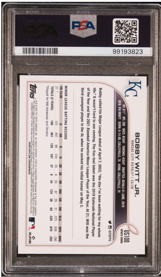 2022 TOPPS UPDATE #US100 BOBBY WITT JR. SP Variation Royals PSA 10 view 3