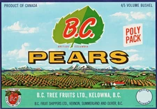 B.C. PEARS Original Canadian Fruit Crate Label Poly Pack B.C. Fruit Shippers