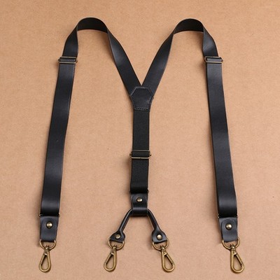 2.5cm Wide Straps Clip Leather Men's Suspenders 4 Hooks Elasticity Formal Wear