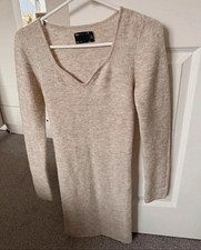 ASOS Beige Rib Knit V-Neck Long Sleeve Bodycon Mini Dress Size S