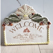 Welcome Ceramic Plaque Fall Harvest Acorn Leaf Wheat Home Decor 8x9.5