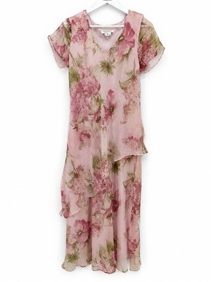 Miss Dorby Pink Floral Maxi Dress Chiffon Layer Shabby Chic Vintage Fairy Size 8