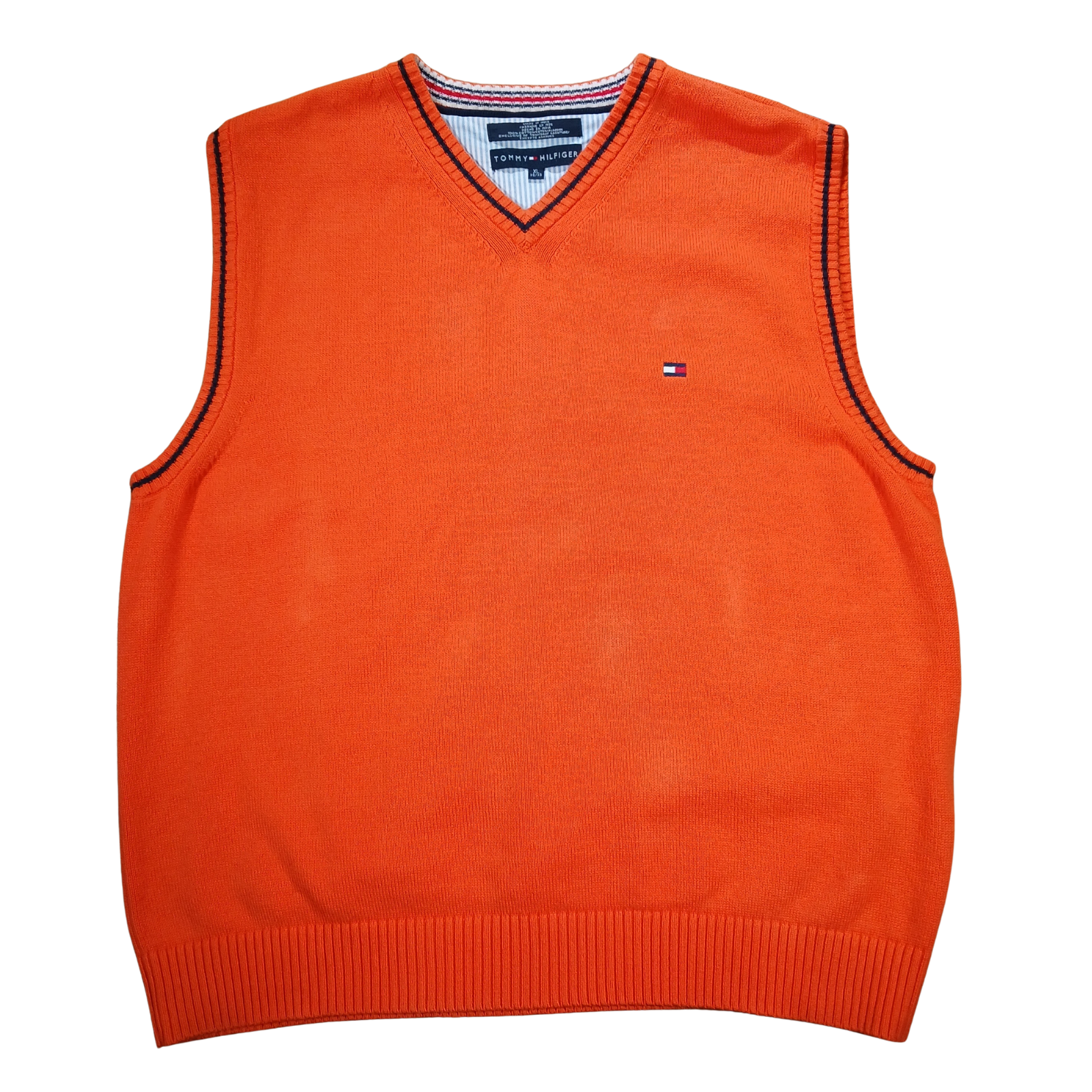 Y2K Tommy Hilfiger Orange Sweater Vest Men's XL V-Neck Knit Pullover Flag Logo